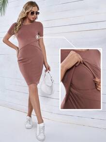 SHEIN Maternidad vestido ajustado tejido de canalé - Rosa vieja - Ver 1