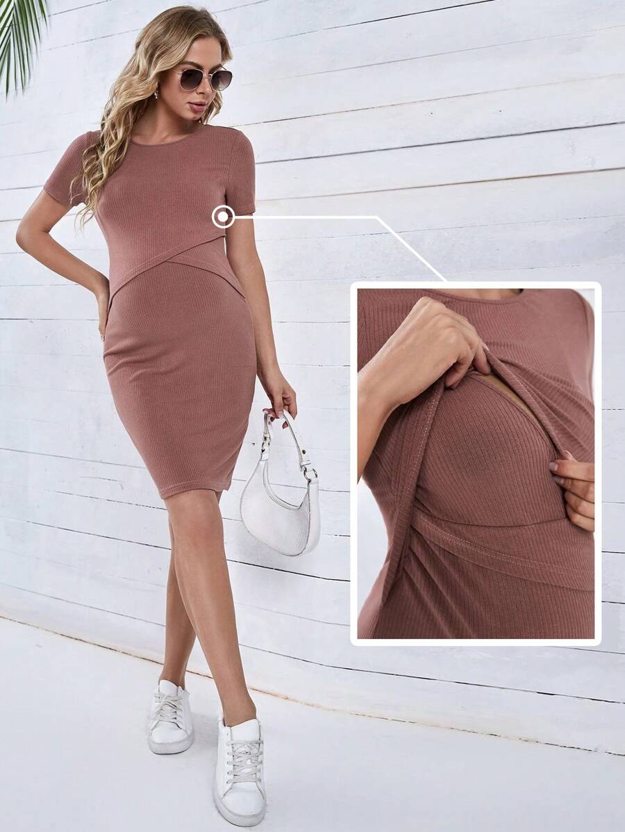 SHEIN Maternidad vestido ajustado tejido de canalé - Rosa vieja - Ver 1