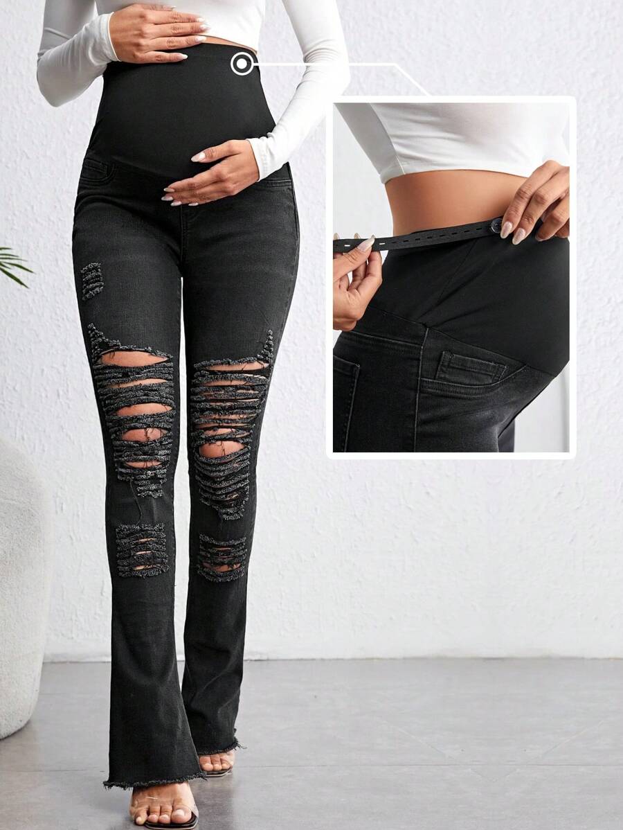SHEIN Maternity Adjustable Waist Ripped Frayed Flare Leg Jeans - Black - View 1