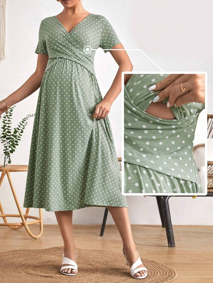 SHEIN Váy Bà bầu Hội Chữ thập Trọn gói Chấm bi Giải trí - Màu xanh Bạc hà - Xem 1