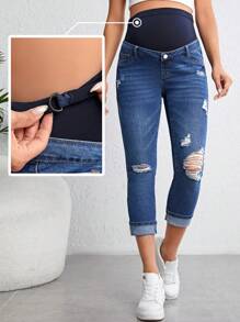 SHEIN Maternity Adjustable Waist Ripped Frayed Roll Hem Skinny Jeans - Dark Wash - View 1