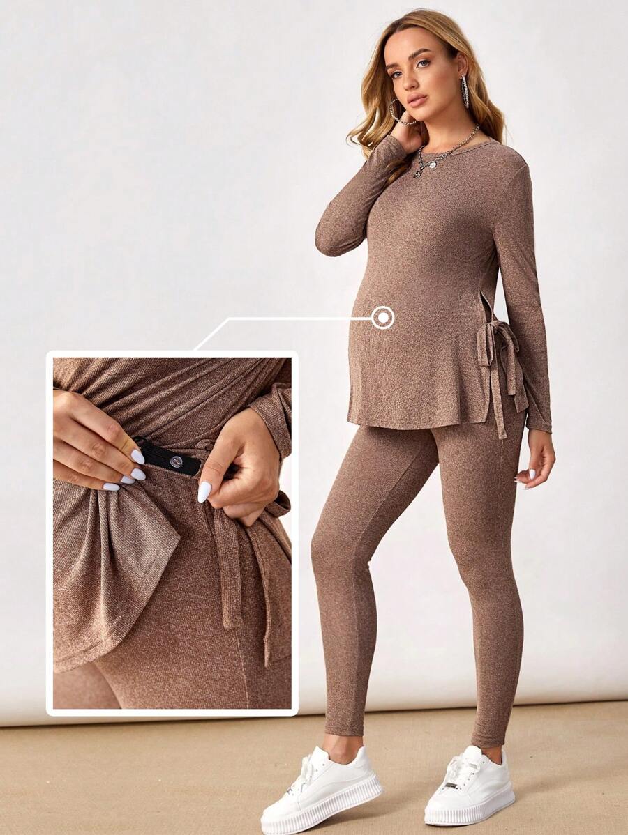 SHEIN Maternity Solid Knot Side Long Sleeve Tee & Adjustable Waist Leggings - Mocha Brown - View 1