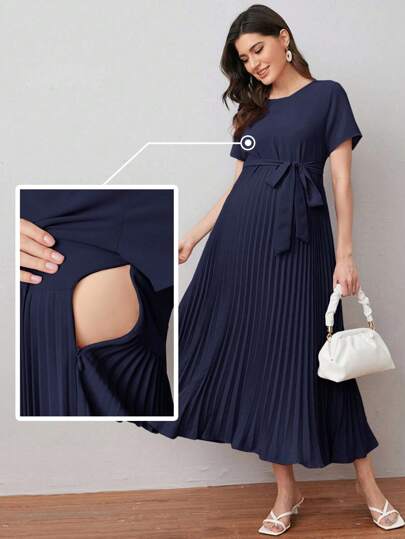 MaterniWear 孕婦裝自腰帶百褶連衣裙