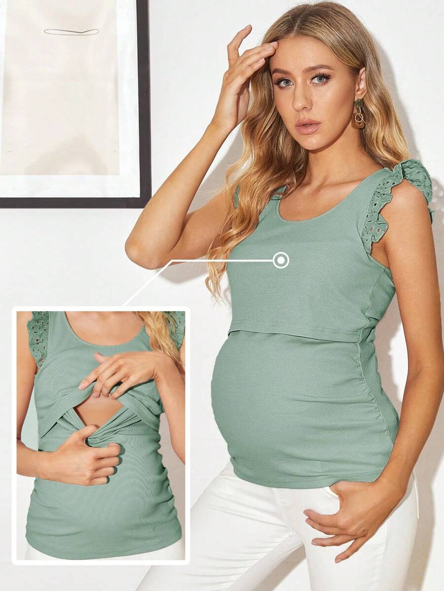 SHEIN 孕婦裝網眼刺繡褶邊看护背心上衣