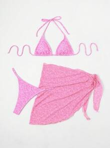 Ditsy Floral Triangle Bikini Set With Beach Bathing Suit Cover Up Skirt - Pink - View 1