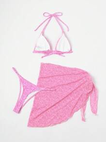 Ditsy Floral Triangle Bikini Set With Beach Bathing Suit Cover Up Skirt - Pink - View 2