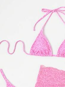 Ditsy Floral Triangle Bikini Set With Beach Bathing Suit Cover Up Skirt - Pink - View 3