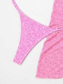 Ditsy Floral Triangle Bikini Set With Beach Bathing Suit Cover Up Skirt - Pink - View 4