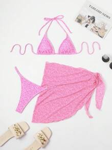 Ditsy Floral Triangle Bikini Set With Beach Bathing Suit Cover Up Skirt - Pink - View 5