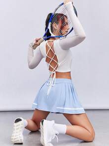 SHEINNeu 露背繫帶短款T恤 - 白色 - 查看 5