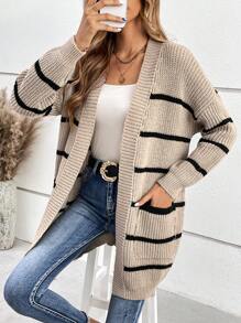 SHEIN Frenchy 條紋圖案落肩袖口袋貼布開襟開衫 - 卡其色 - 查看 1