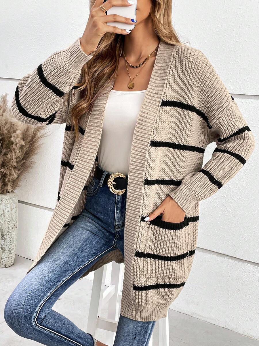 SHEIN Frenchy 條紋圖案落肩袖口袋貼布開襟開衫 - 卡其色 - 查看 1