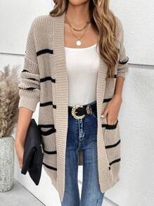 SHEIN Frenchy 條紋圖案落肩袖口袋貼布開襟開衫 - 卡其色 - 查看 4