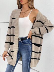 SHEIN Frenchy 條紋圖案落肩袖口袋貼布開襟開衫 - 卡其色 - 查看 5