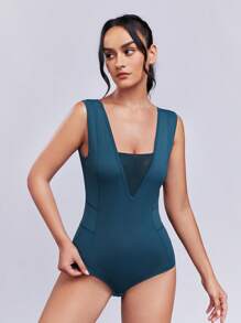 SHEINNeu Solid Contrast Mesh Sports Bodysuit - Teal Blue - View 1