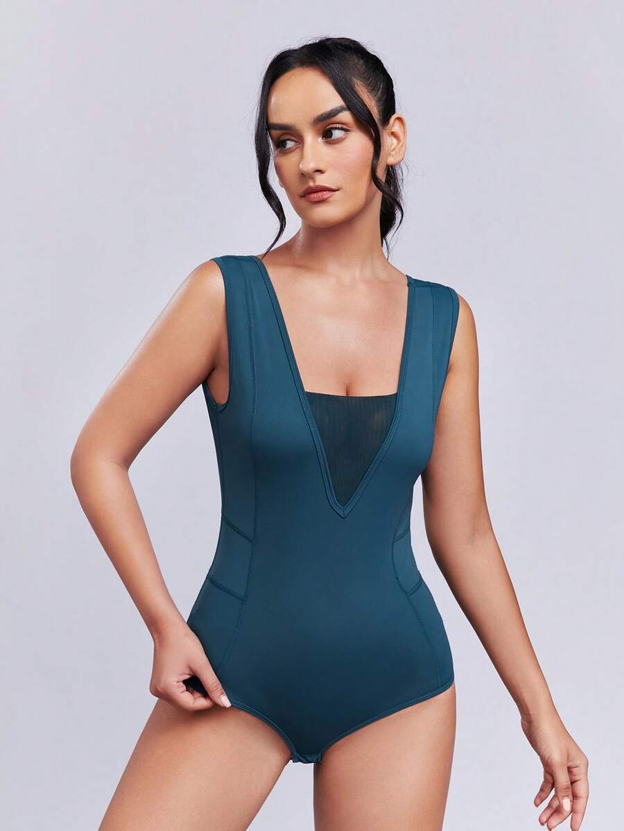 SHEINNeu Solid Contrast Mesh Sports Bodysuit - Teal Blue - View 1