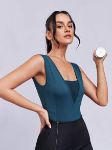 SHEINNeu Solid Contrast Mesh Sports Bodysuit - Teal Blue - View 4