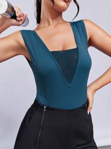 SHEINNeu Solid Contrast Mesh Sports Bodysuit - Teal Blue - View 6