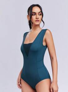 SHEINNeu Solid Contrast Mesh Sports Bodysuit - Teal Blue - View 7