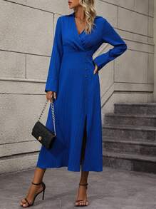 SHEIN LUNE Solid Split Thigh Button Detail Dress - Royal Blue - View 4