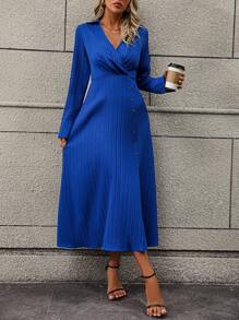 SHEIN LUNE Solid Split Thigh Button Detail Dress - Royal Blue - View 5