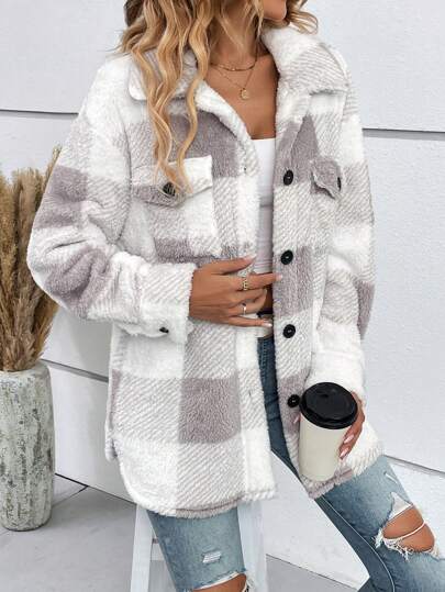 SHEIN LUNE Buffalo Plaid Print Drop Shoulder Flap Pocket Fuzzy Coat In Fall/Winter