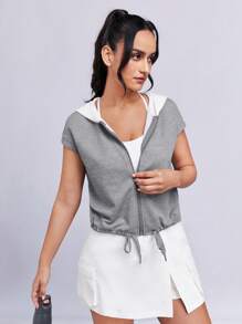 SHEINNeu Two Tone Drawstring Hem Hooded Crop Jacket - Grey - View 1