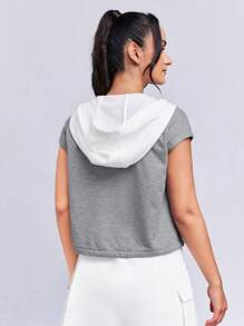 SHEINNeu Two Tone Drawstring Hem Hooded Crop Jacket - Grey - View 2