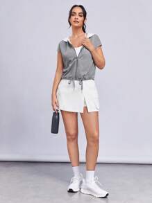 SHEINNeu Two Tone Drawstring Hem Hooded Crop Jacket - Grey - View 3