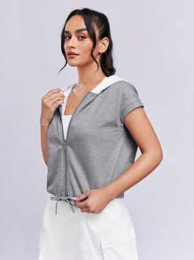 SHEINNeu Two Tone Drawstring Hem Hooded Crop Jacket - Grey - View 5