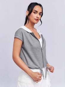 SHEINNeu Two Tone Drawstring Hem Hooded Crop Jacket - Grey - View 6
