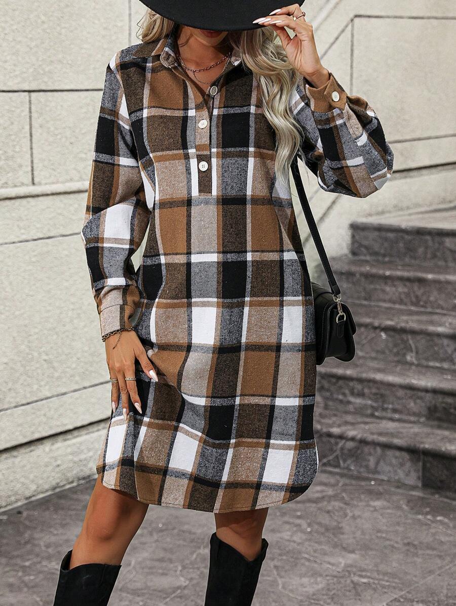 SHEIN LUNE Plaid Print Half Button Shirt Dress - Brown - View 1