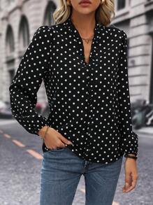 EMERY ROSE Polka Dot Print Lantern Sleeve Blouse,Long Sleeve Tops Fall Cloth For Women - Black and White - View 4