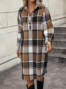SHEIN LUNE Plaid Print Half Button Shirt Dress - Brown - View 5