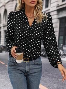 EMERY ROSE Polka Dot Print Lantern Sleeve Blouse,Long Sleeve Tops Fall Cloth For Women - Black and White - View 7