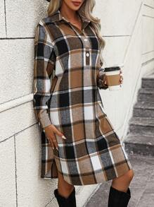 SHEIN LUNE Plaid Print Half Button Shirt Dress - Brown - View 6