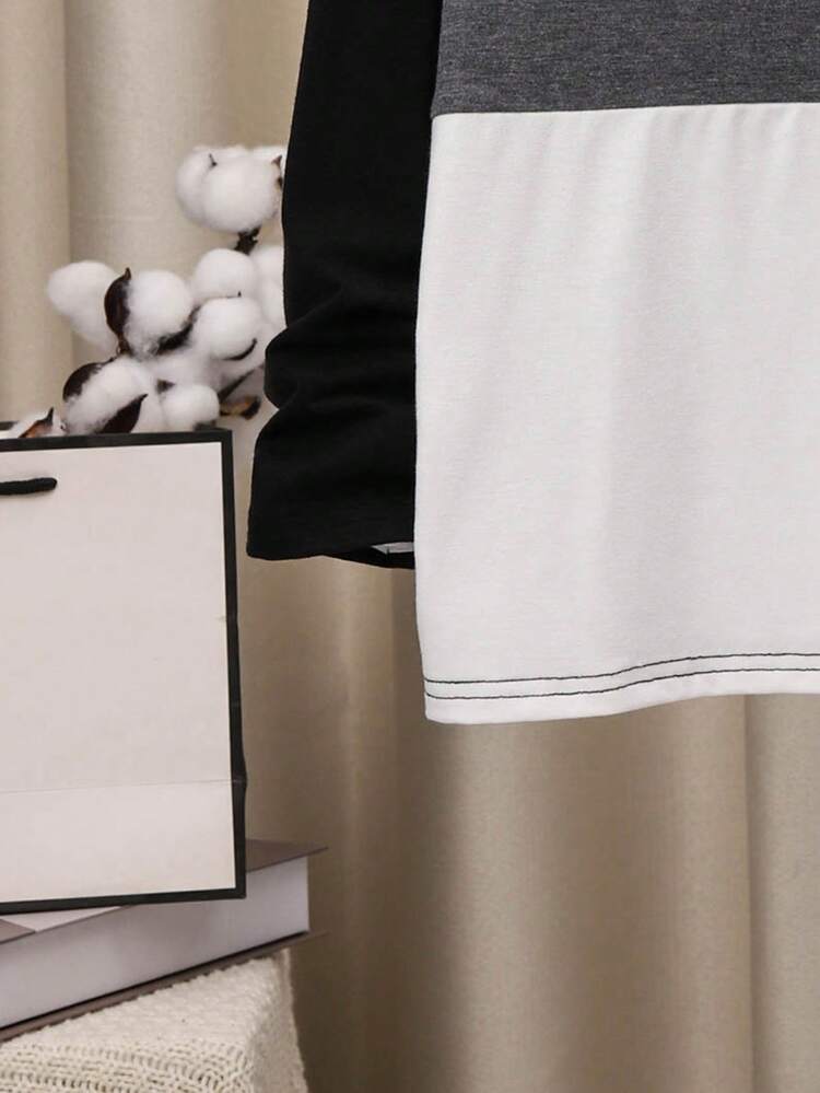 SHEIN 青少年男孩大學風半扣三色拼接鬆身長袖T卹 - 彩色 - 查看 4