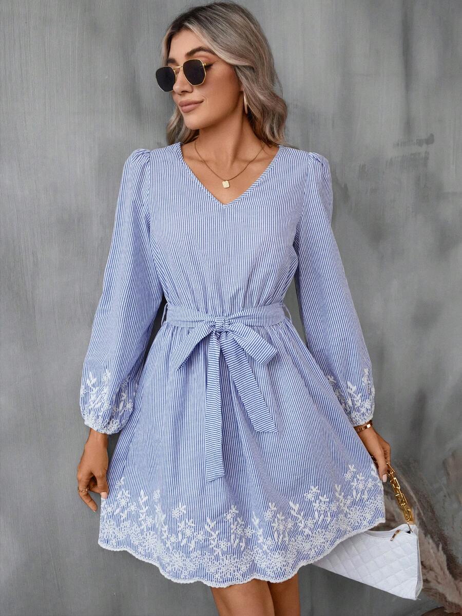 SHEIN LUNE Striped Print Embroidery Floral Lantern Sleeve Belted Dress - Blue and White - View 1