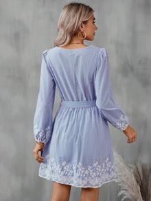 SHEIN LUNE Striped Print Embroidery Floral Lantern Sleeve Belted Dress - Blue and White - View 2
