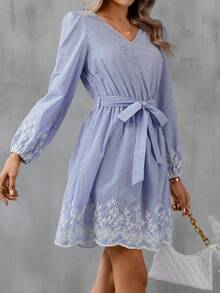 SHEIN LUNE Striped Print Embroidery Floral Lantern Sleeve Belted Dress - Blue and White - View 3