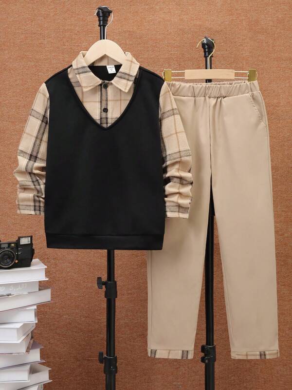 SHEIN Tween Boy Plaid Print 2 In 1 Pullover & Pants
