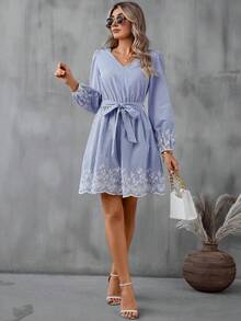 SHEIN LUNE Striped Print Embroidery Floral Lantern Sleeve Belted Dress - Blue and White - View 6