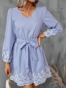 SHEIN LUNE Striped Print Embroidery Floral Lantern Sleeve Belted Dress - Blue and White - View 7