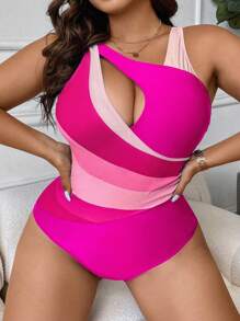 Swim Lushoire Plus Colourblock Cut Out Asymmetrical Neck One Piece Swimsuit - Hot Pink - View 1