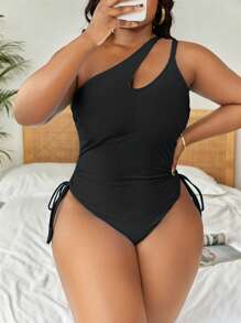 Swim Vcay Summer Beach Plus Drawstring Side Cut Out One Shoulder One Piece Swimsuit - Black - View 1