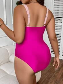 Swim Lushoire Plus Colourblock Cut Out Asymmetrical Neck One Piece Swimsuit - Hot Pink - View 2
