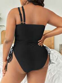 Swim Vcay Summer Beach Plus Drawstring Side Cut Out One Shoulder One Piece Swimsuit - Black - View 2