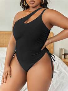 Swim Vcay Summer Beach Plus Drawstring Side Cut Out One Shoulder One Piece Swimsuit - Black - View 3