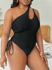 Swim Vcay Summer Beach Plus Drawstring Side Cut Out One Shoulder One Piece Swimsuit - Black - View 4