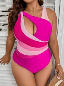Swim Lushoire Plus Colourblock Cut Out Asymmetrical Neck One Piece Swimsuit - Hot Pink - View 5